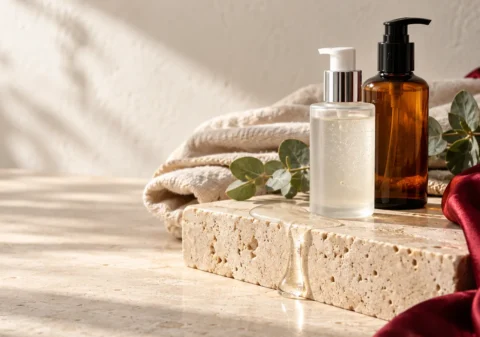 Dois frascos de cosmética sem rótulo, um de vidro fosco transparente e outro âmbar, sobre uma laje de travertino com uma gota de gel transparente, linho cru e um ramo de eucalipto.